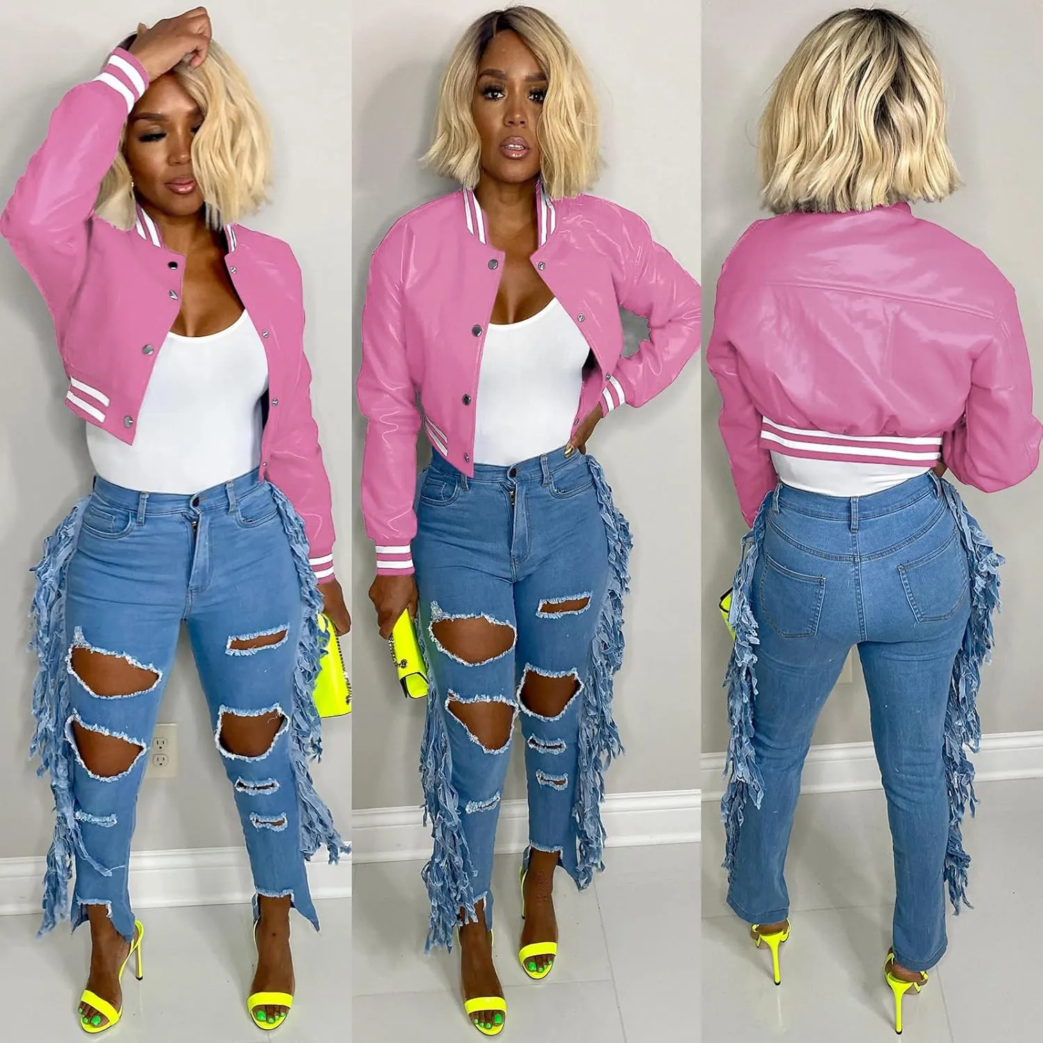 Xaspee Varsity Bomber Jacket Women Causal Baseball Crop Top Letterman Faux Leather Snap Button Sports Outwear Jackets