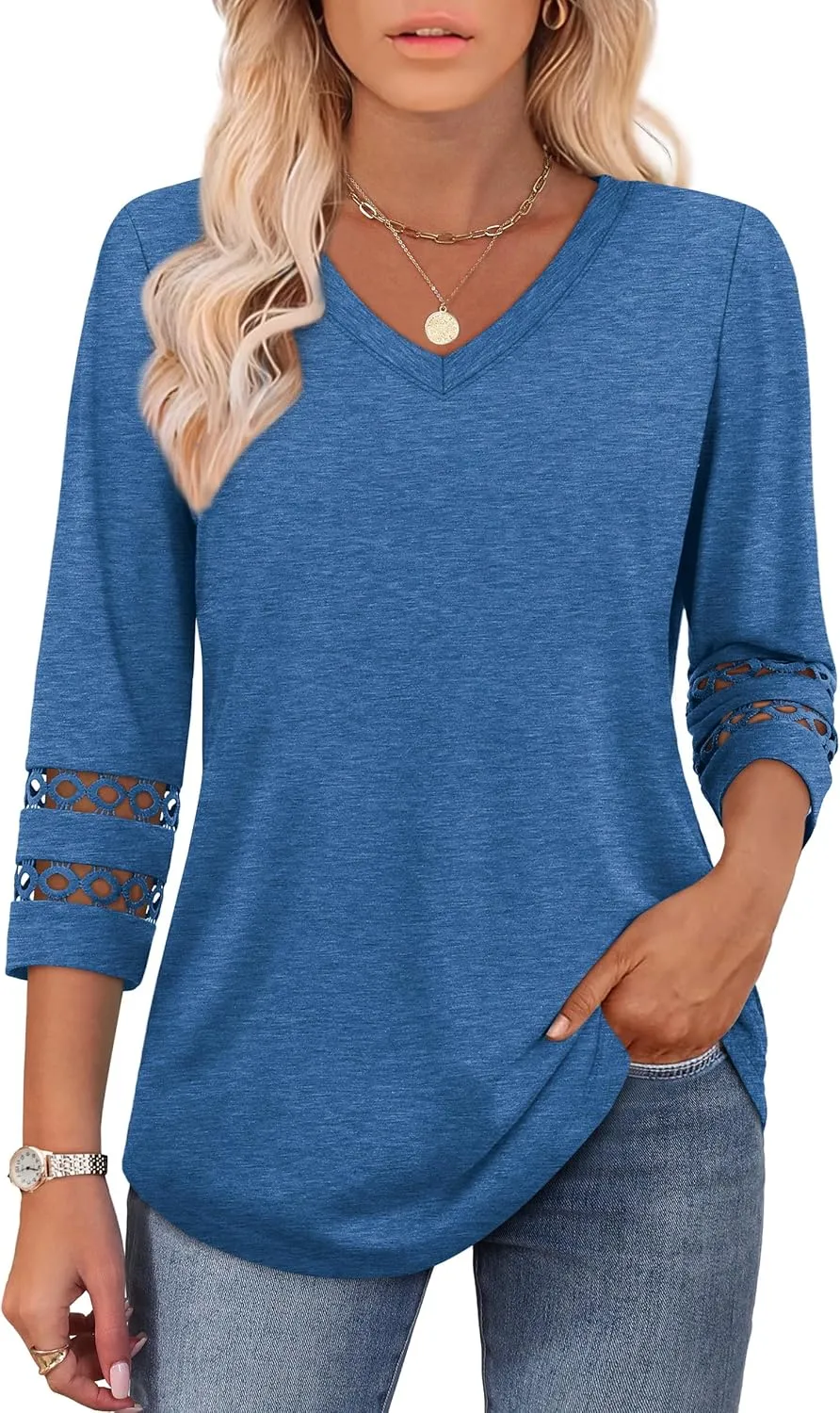 XIEERDUO 3/4 Length Sleeve Womens Tops Dressy Casual Blouses for Women 2025 Trendy V Neck T Shirts Summer Clothes