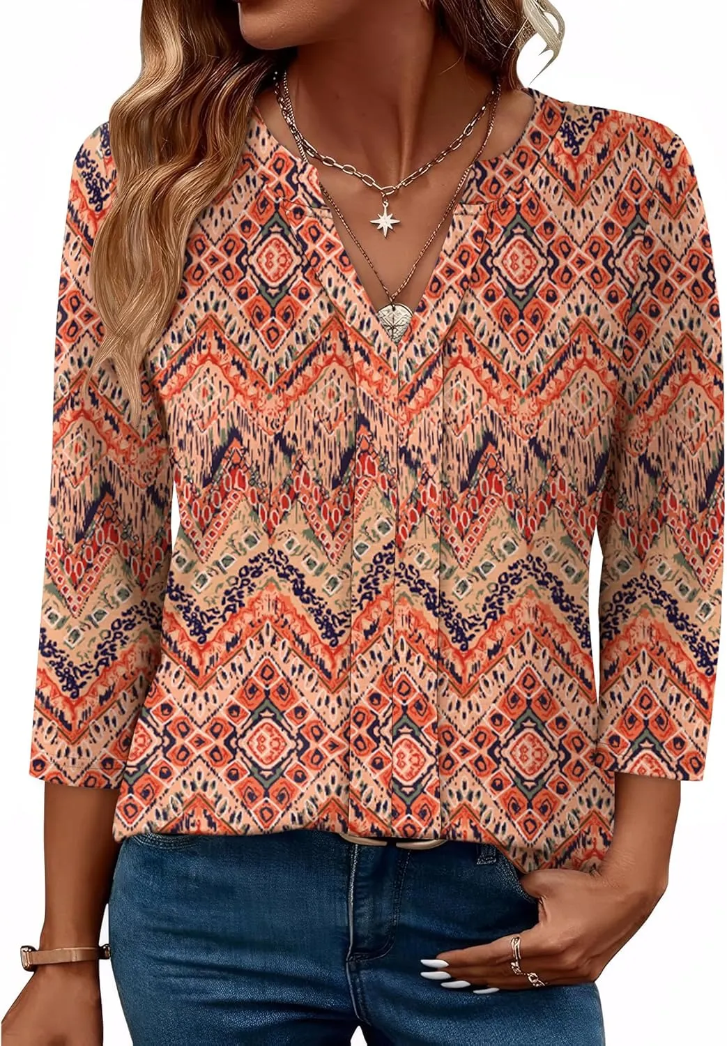 XIEERDUO 3/4 Length Sleeve Womens Tops V Neck Pleated Work Blouses Dressy Casual Summer Tops 2025 Trendy