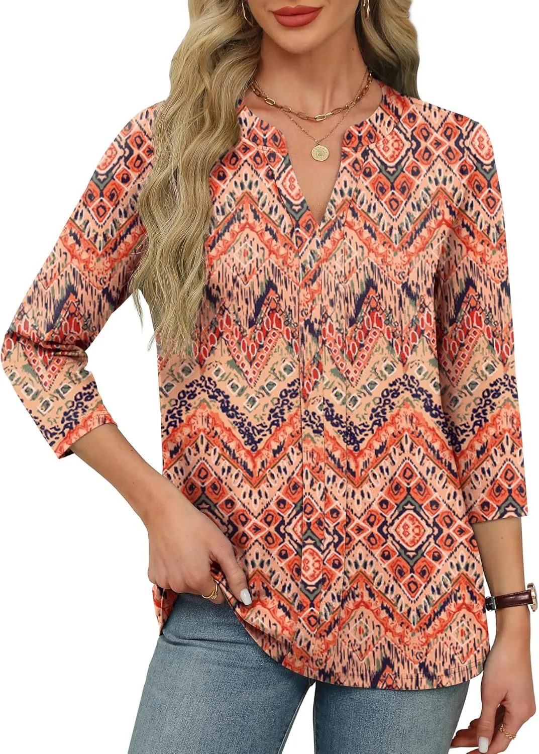 XIEERDUO 3/4 Length Sleeve Womens Tops V Neck Pleated Work Blouses Dressy Casual Summer Tops 2025 Trendy