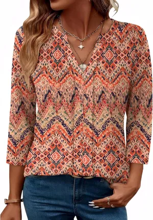 XIEERDUO 3/4 Length Sleeve Womens Tops V Neck Pleated Work Blouses Dressy Casual Summer Tops 2025 Trendy