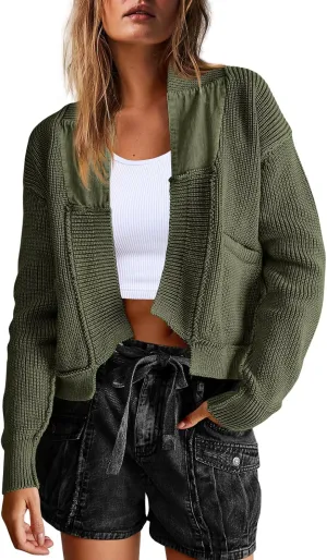 Yanekop Womens Oversized Cardigan Sweater Open Front Outerwear Chunky Knit Cropped Sweater Jacket with Pockets