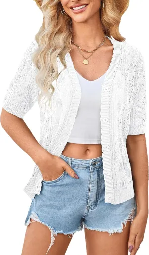 Yekaty Womens 2025 Short Sleeve Crochet Summer Cardigan Cropped Button Sweater Lightweight Shrug for Dress