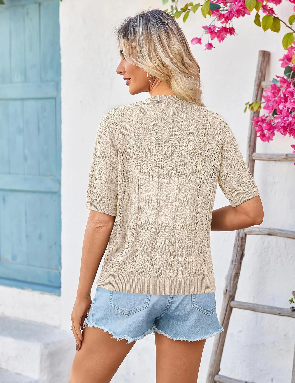 Yekaty Womens 2025 Short Sleeve Crochet Summer Cardigan Cropped Button Sweater Lightweight Shrug for Dress
