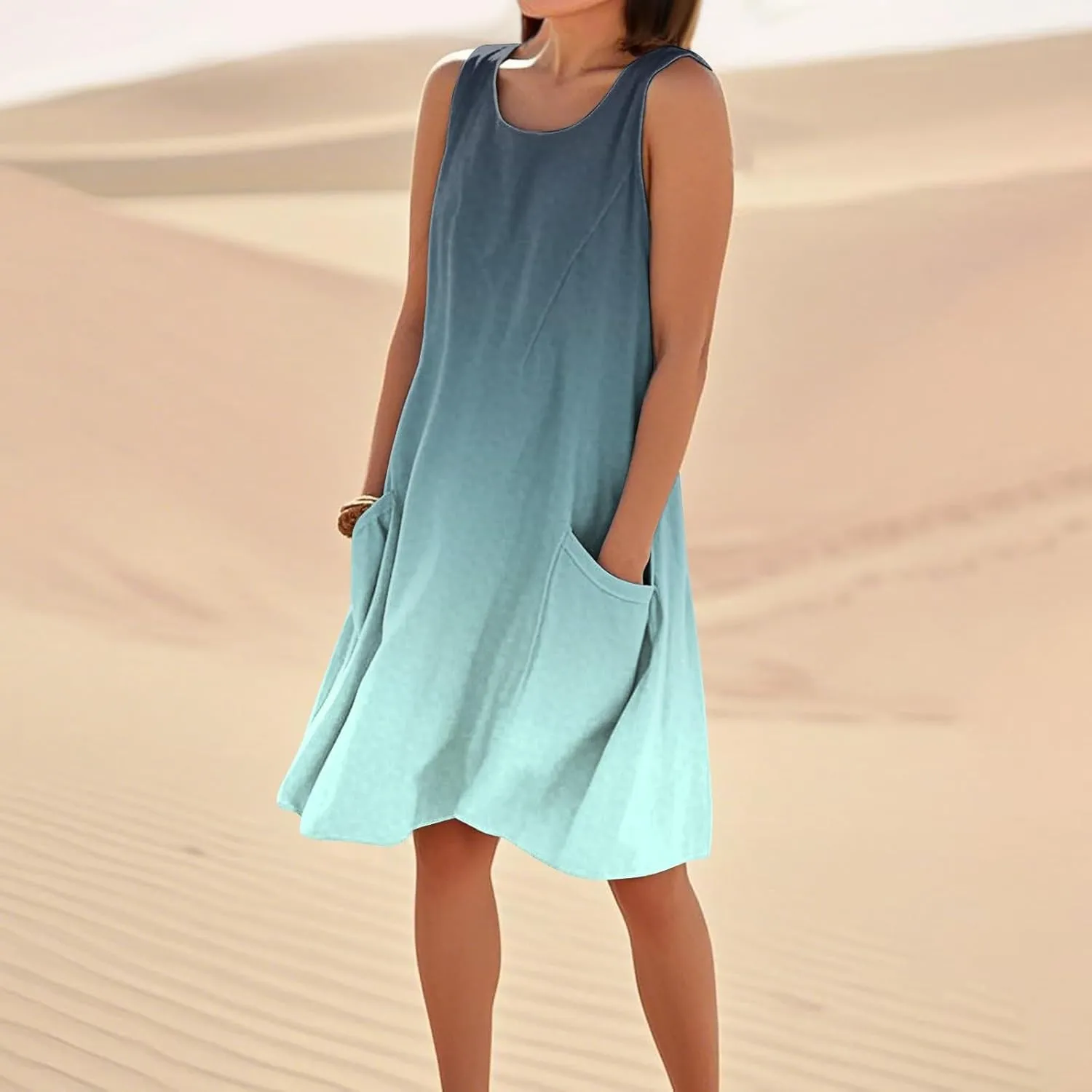 Yesunpxs Summer Dresses for Women 2025 U Neck Loose Tank Dress Sleeveless Casual T Shirt Dress Beach Sundresses with Pockets