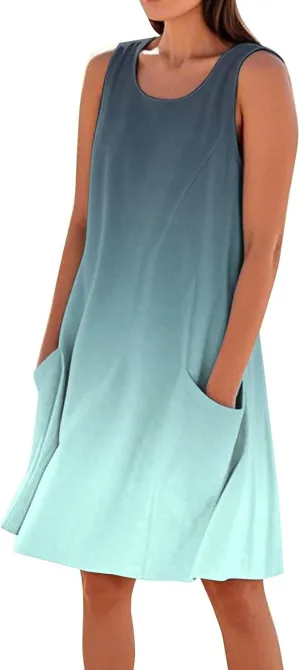 Yesunpxs Summer Dresses for Women 2025 U Neck Loose Tank Dress Sleeveless Casual T Shirt Dress Beach Sundresses with Pockets