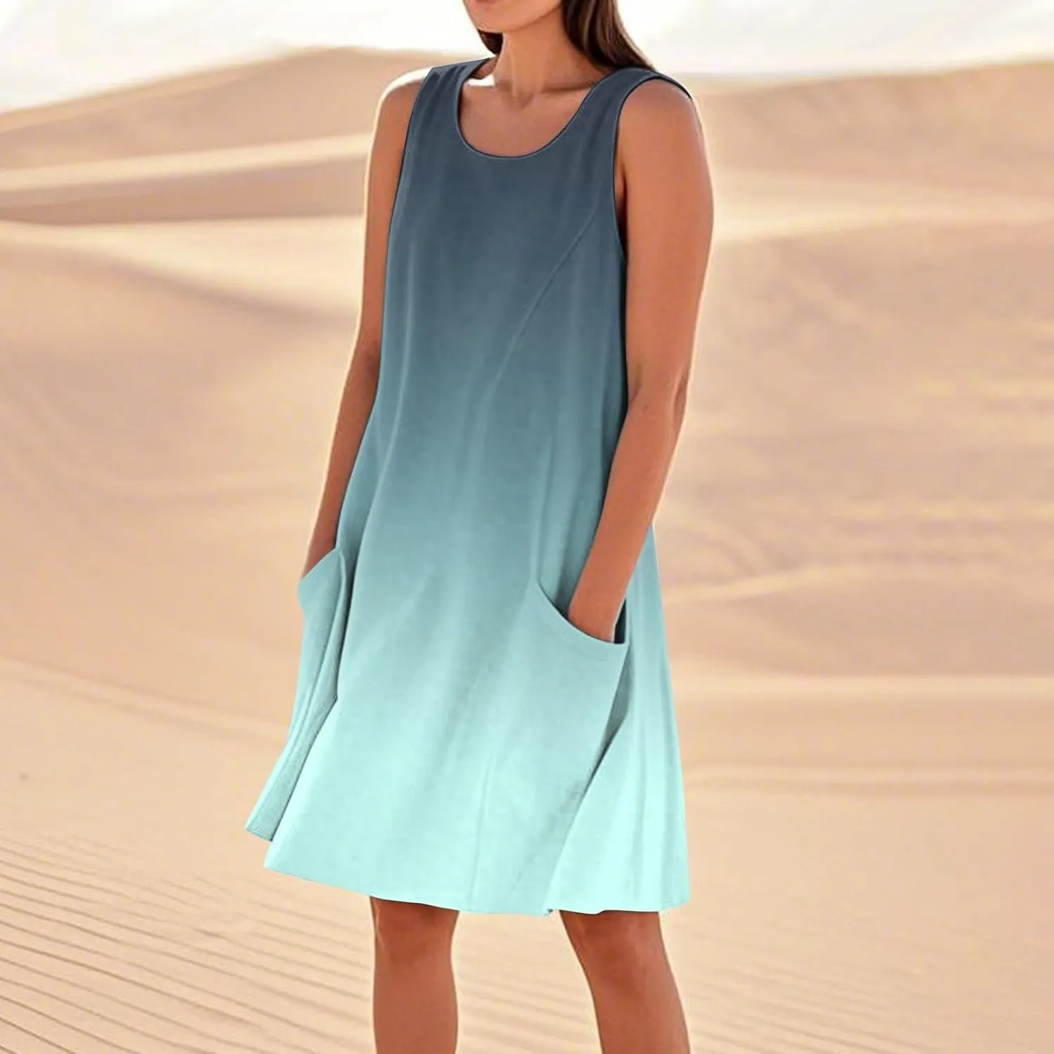 Yesunpxs Summer Dresses for Women 2025 U Neck Loose Tank Dress Sleeveless Casual T Shirt Dress Beach Sundresses with Pockets