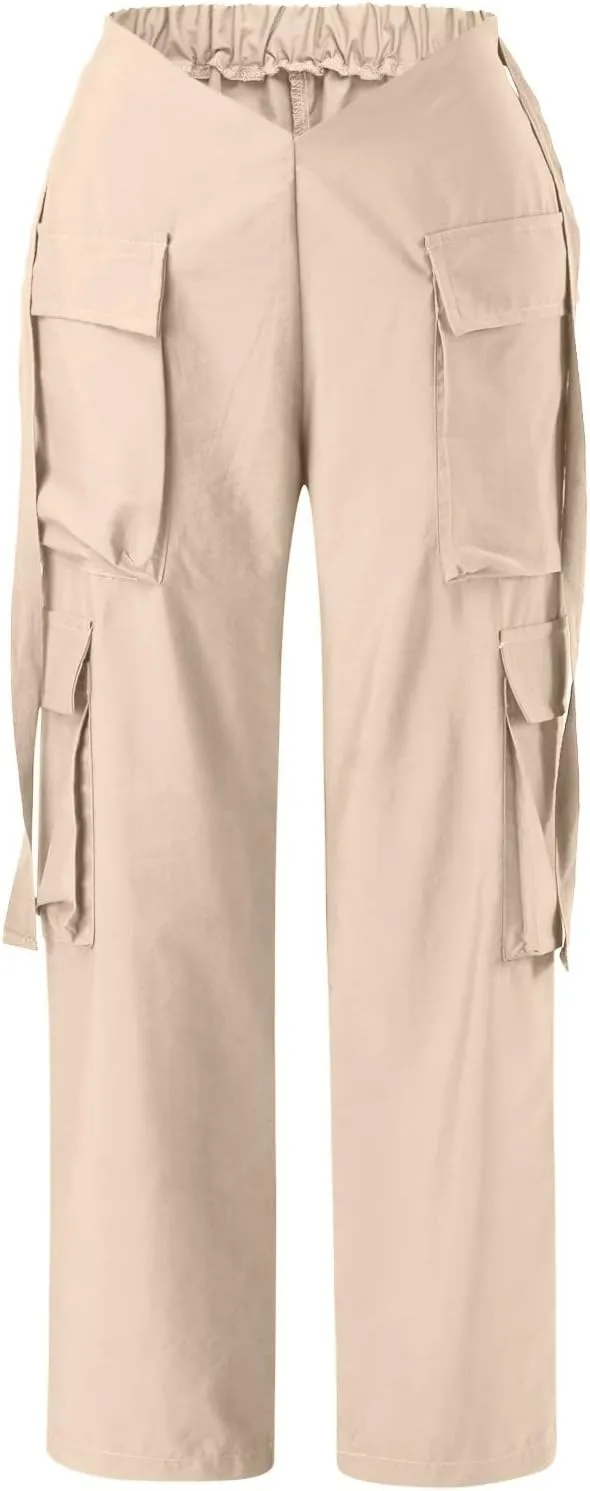 YOLAI Woman V Crosseed Baggy Cargo Pant Streetwear Hip Hop Overalls Trousers High Waist Joggers Sweatpants with Pockets (Khaki, S)