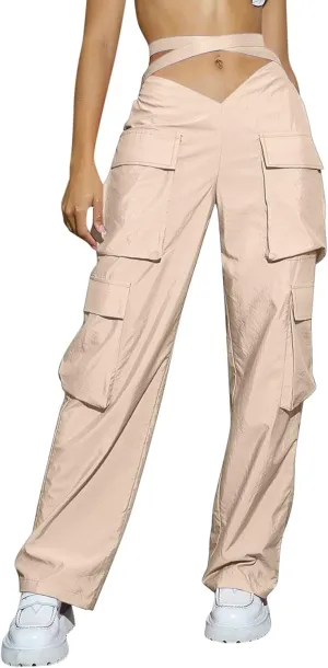 YOLAI Woman V Crosseed Baggy Cargo Pant Streetwear Hip Hop Overalls Trousers High Waist Joggers Sweatpants with Pockets (Khaki, S)