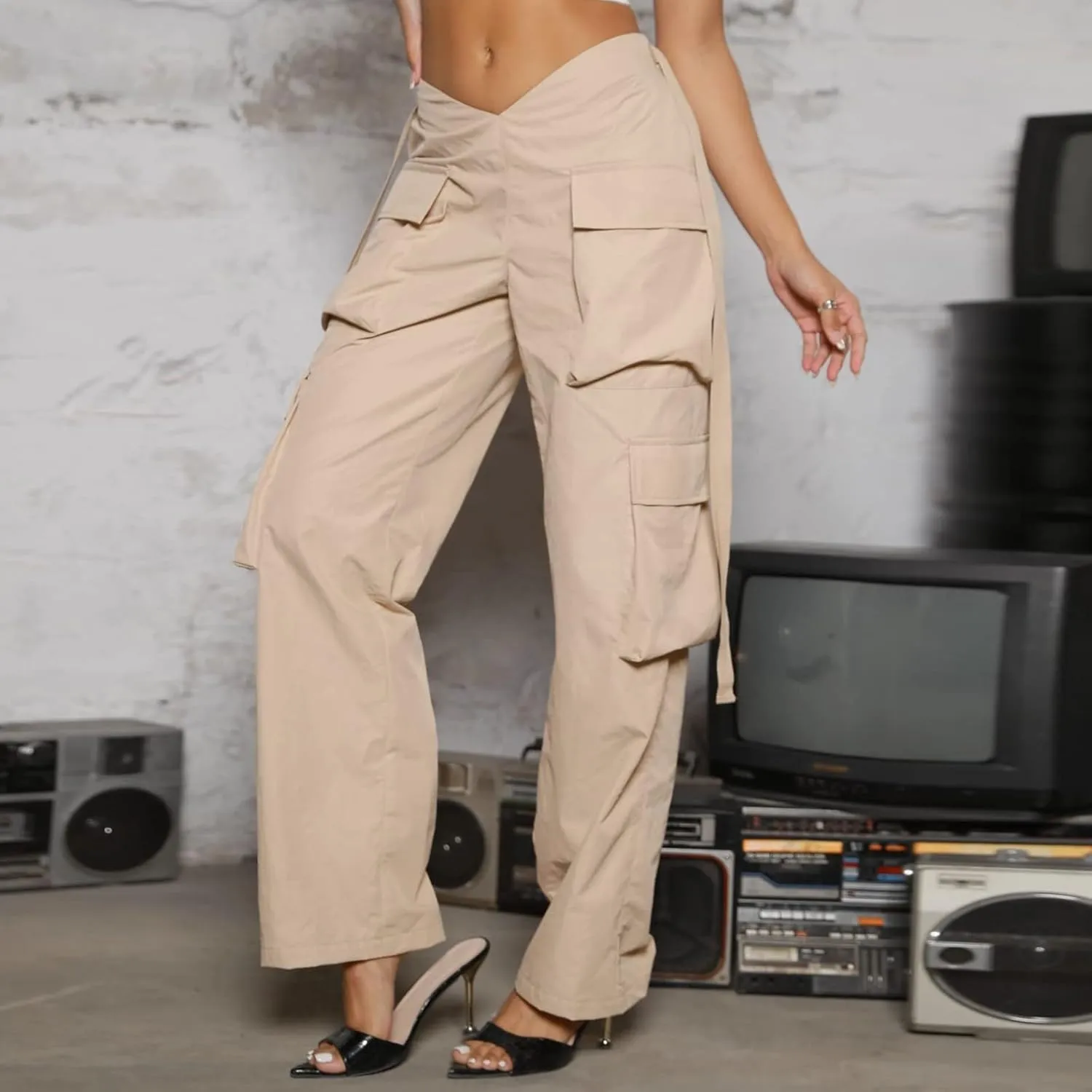 YOLAI Woman V Crosseed Baggy Cargo Pant Streetwear Hip Hop Overalls Trousers High Waist Joggers Sweatpants with Pockets (Khaki, S)