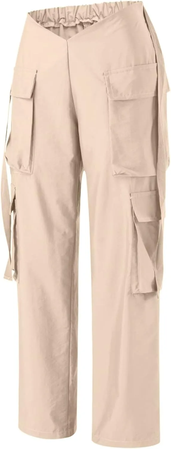 YOLAI Woman V Crosseed Baggy Cargo Pant Streetwear Hip Hop Overalls Trousers High Waist Joggers Sweatpants with Pockets (Khaki, S)