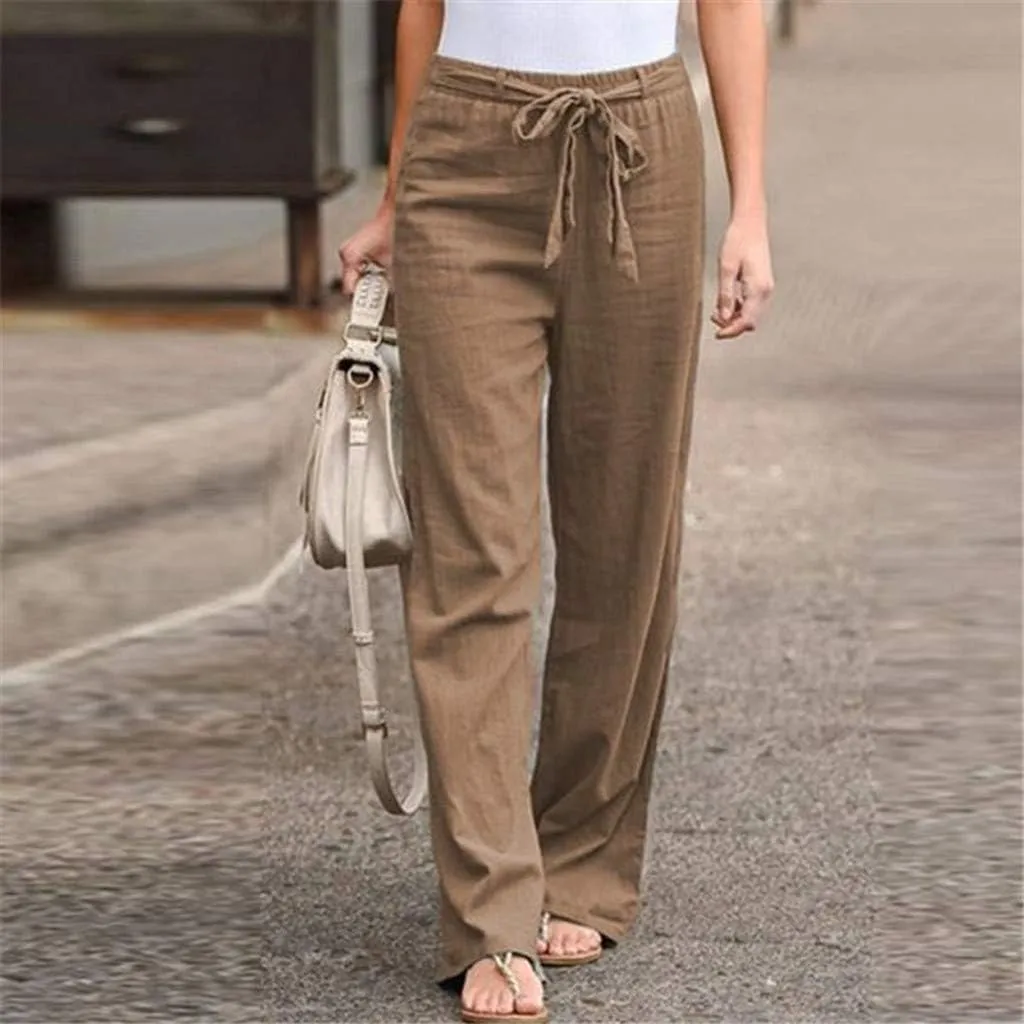 YOLAI Women Cotton Linen Trousers Elastic Waist Solid Color Long Pants Drawstring Wide Leg Pants
