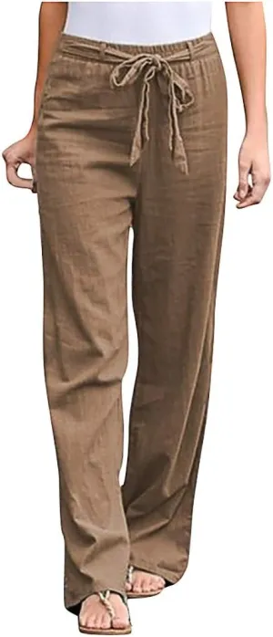 YOLAI Women Cotton Linen Trousers Elastic Waist Solid Color Long Pants Drawstring Wide Leg Pants