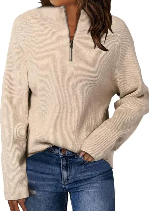 ZANZEA Quarter Zip Pullover Women Long Sleeve Knit Sweater V Neck Fall Tops Fashion Clothes 2024