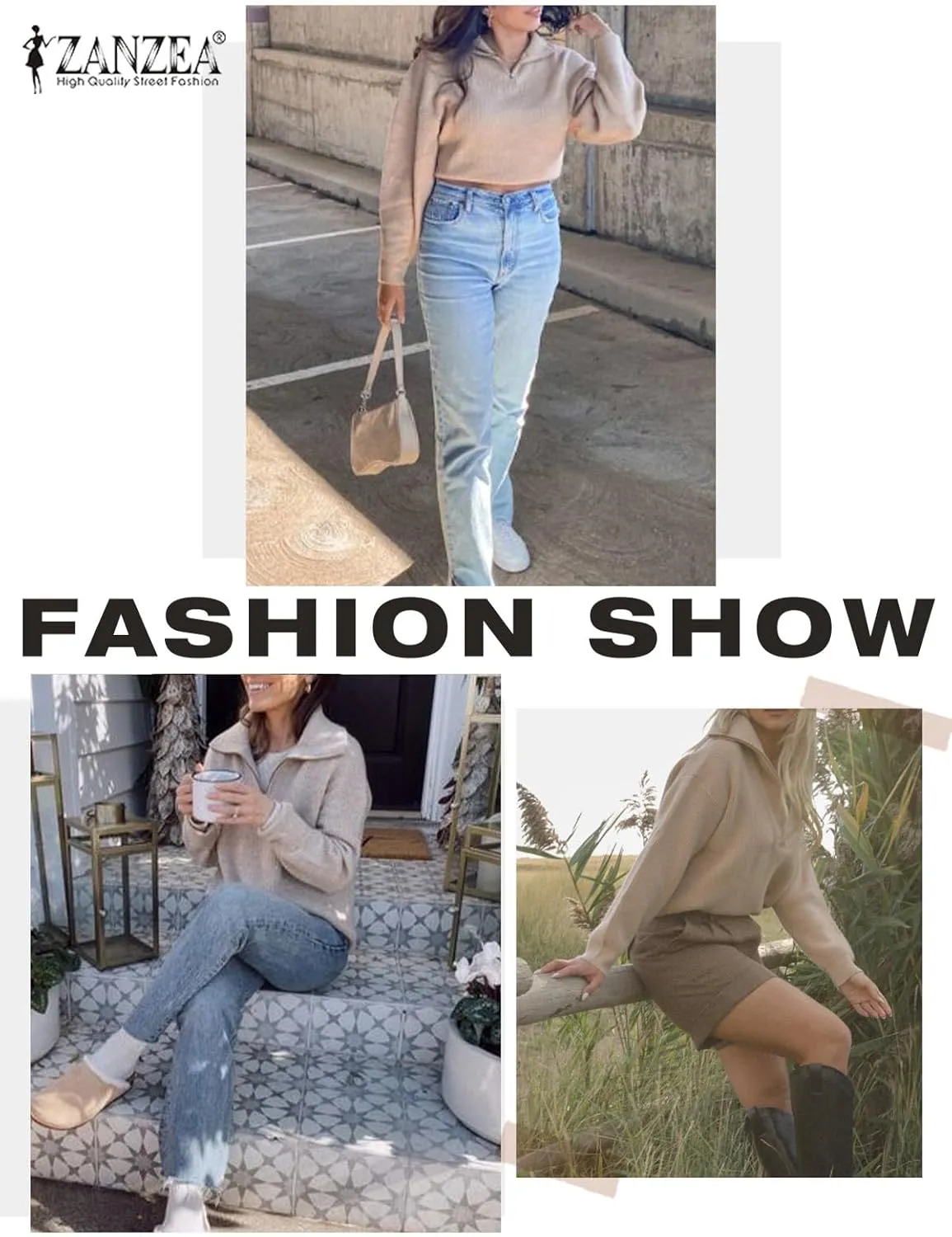 ZANZEA Quarter Zip Pullover Women Long Sleeve Knit Sweater V Neck Fall Tops Fashion Clothes 2024