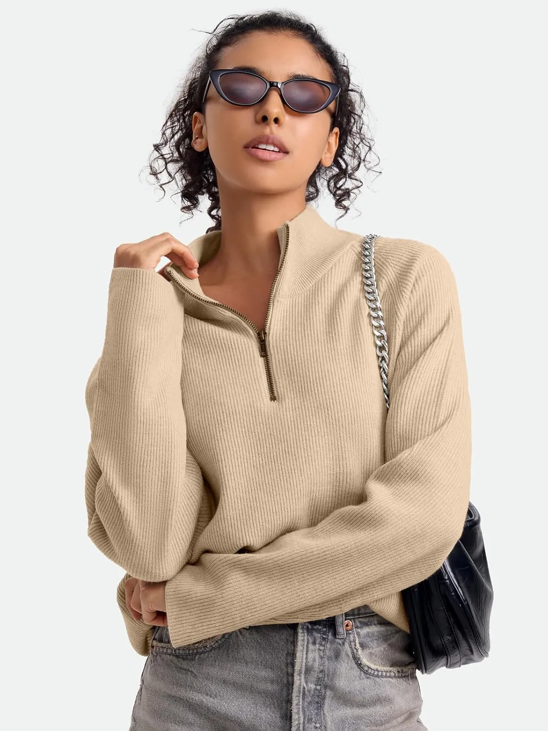 ZANZEA Quarter Zip Pullover Women Long Sleeve Knit Sweater V Neck Fall Tops Fashion Clothes 2024