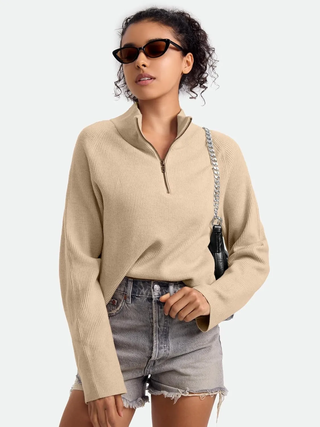 ZANZEA Quarter Zip Pullover Women Long Sleeve Knit Sweater V Neck Fall Tops Fashion Clothes 2024