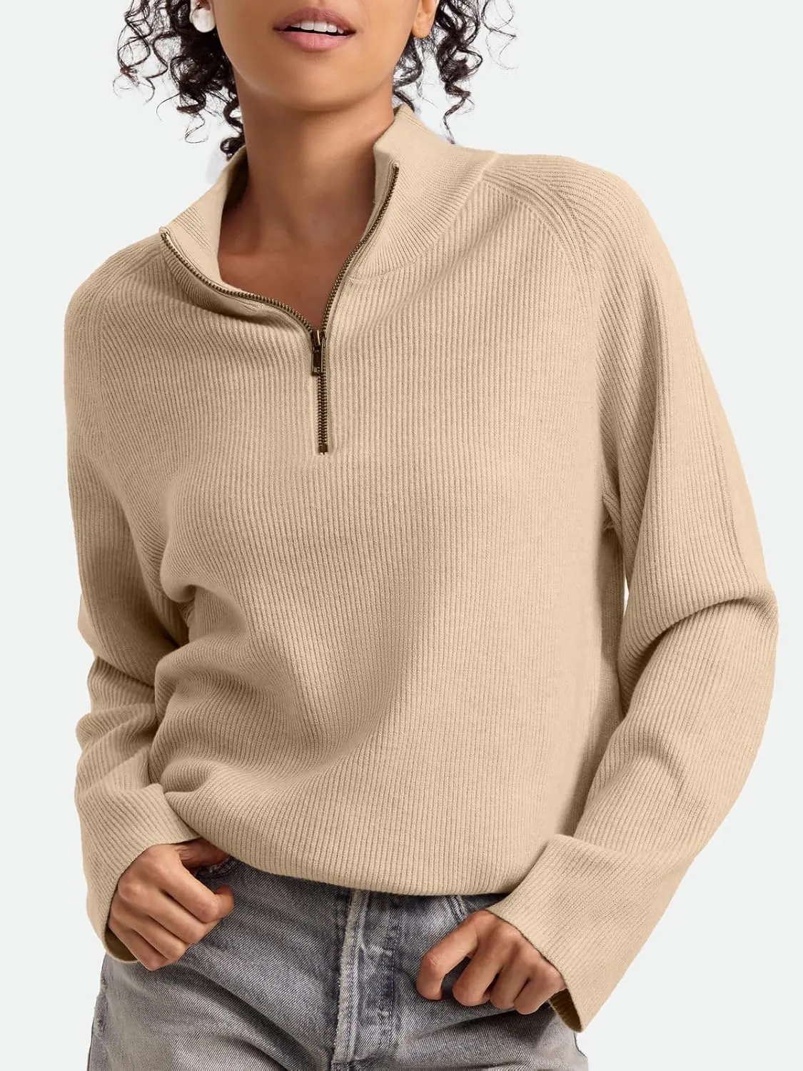 ZANZEA Quarter Zip Pullover Women Long Sleeve Knit Sweater V Neck Fall Tops Fashion Clothes 2024