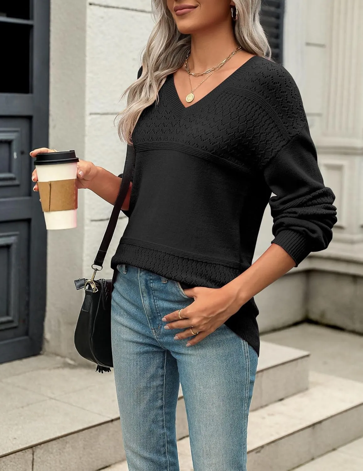 Zeagoo Womens 2025 Fall Sweaters Casual Long Sleeve Ribbed Knit Pullover V Neck Lightweight Crochet Pullover Sweater Top