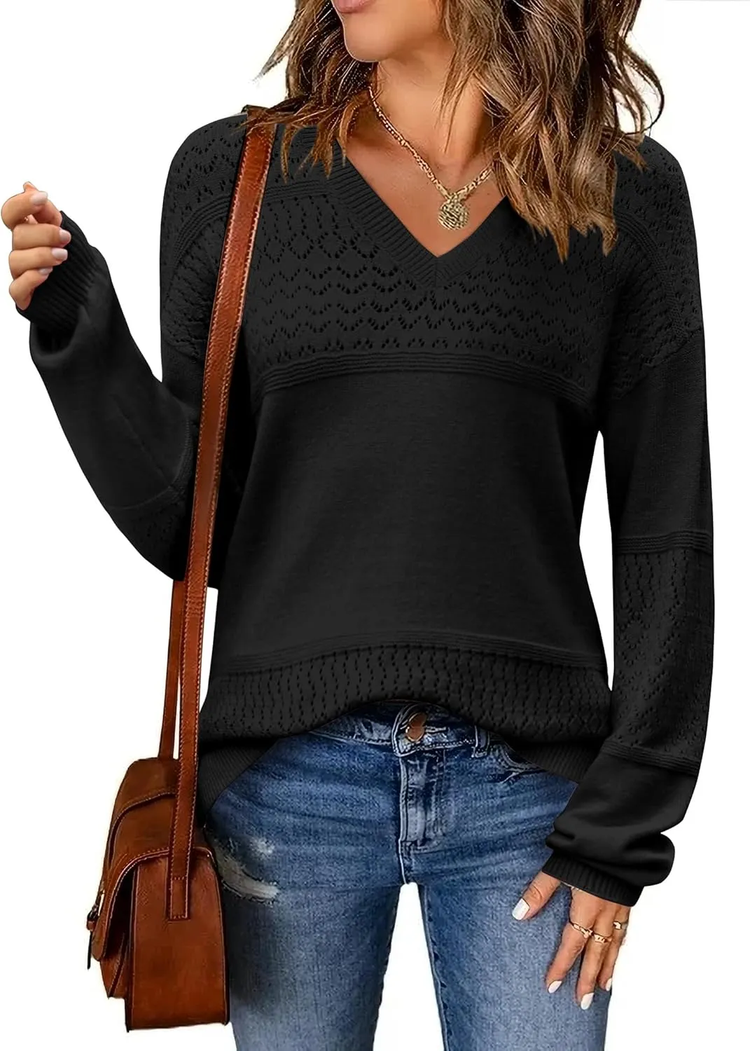 Zeagoo Womens 2025 Fall Sweaters Casual Long Sleeve Ribbed Knit Pullover V Neck Lightweight Crochet Pullover Sweater Top
