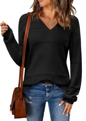 Zeagoo Womens 2025 Fall Sweaters Casual Long Sleeve Ribbed Knit Pullover V Neck Lightweight Crochet Pullover Sweater Top