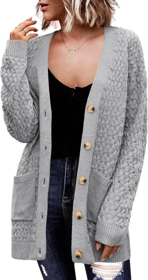 Zeagoo Womens 2025 Long Sleeve Chunky Cable Knit Fall Cardigans Sweaters Button Down Open Front Outerwear with Pockets