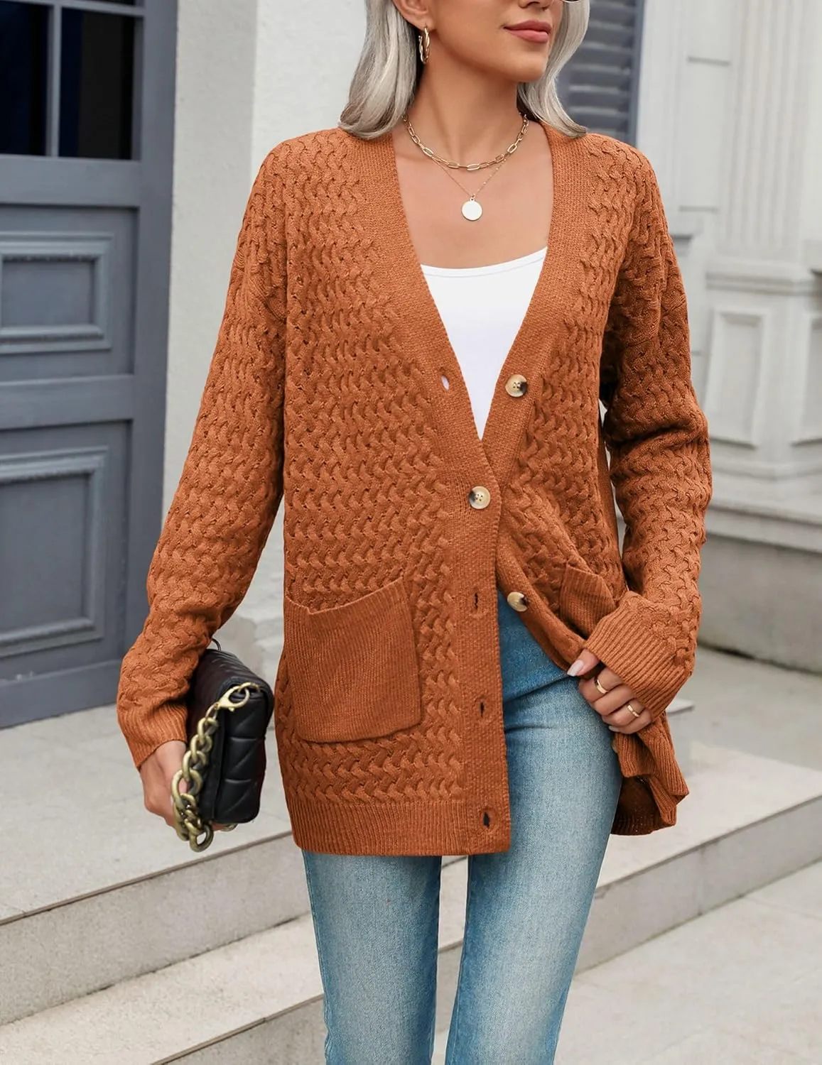 Zeagoo Womens 2025 Long Sleeve Chunky Cable Knit Fall Cardigans Sweaters Button Down Open Front Outerwear with Pockets