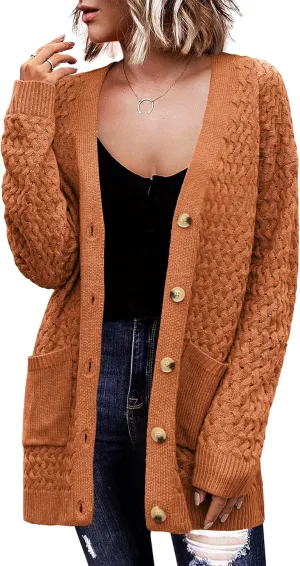 Zeagoo Womens 2025 Long Sleeve Chunky Cable Knit Fall Cardigans Sweaters Button Down Open Front Outerwear with Pockets