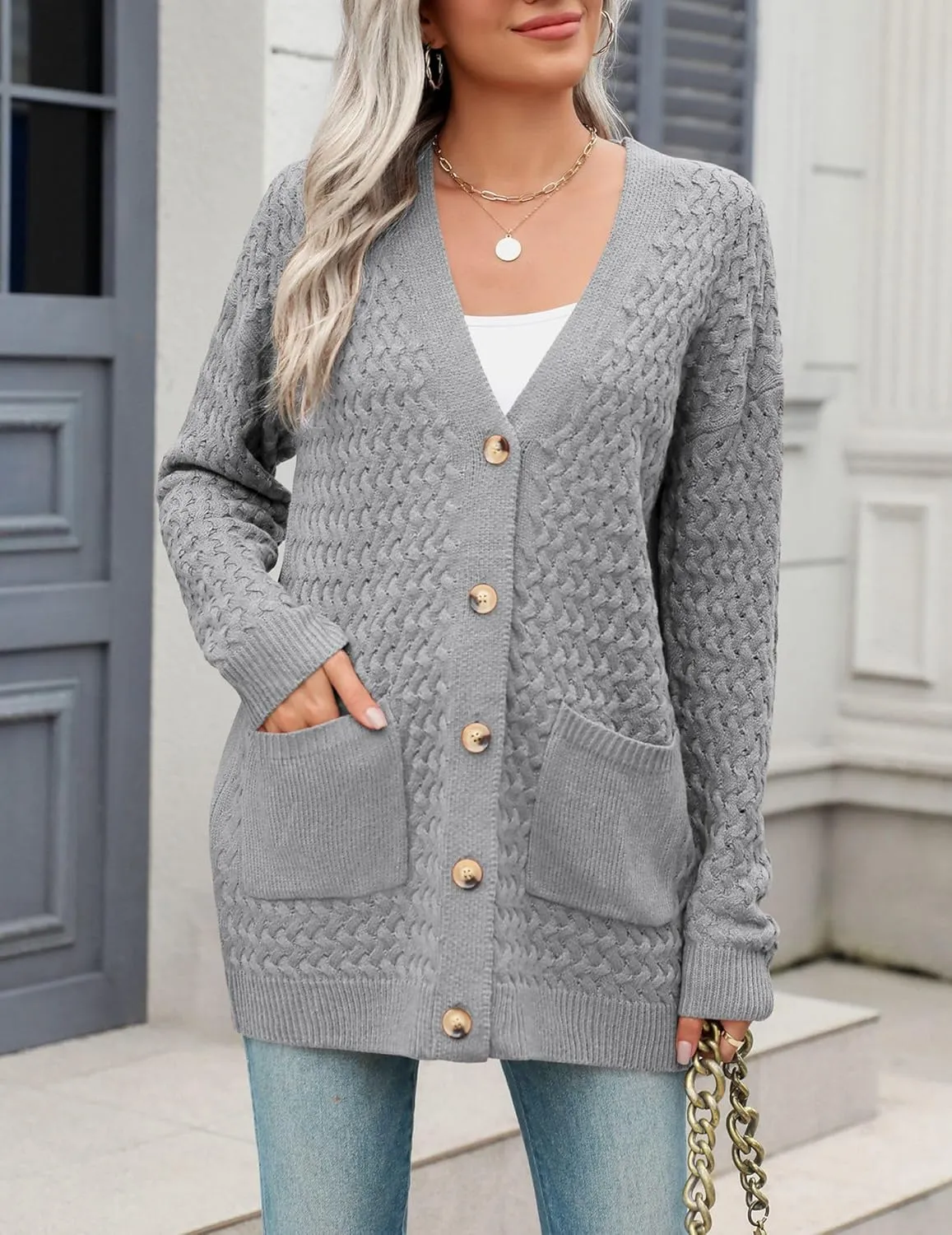 Zeagoo Womens 2025 Long Sleeve Chunky Cable Knit Fall Cardigans Sweaters Button Down Open Front Outerwear with Pockets