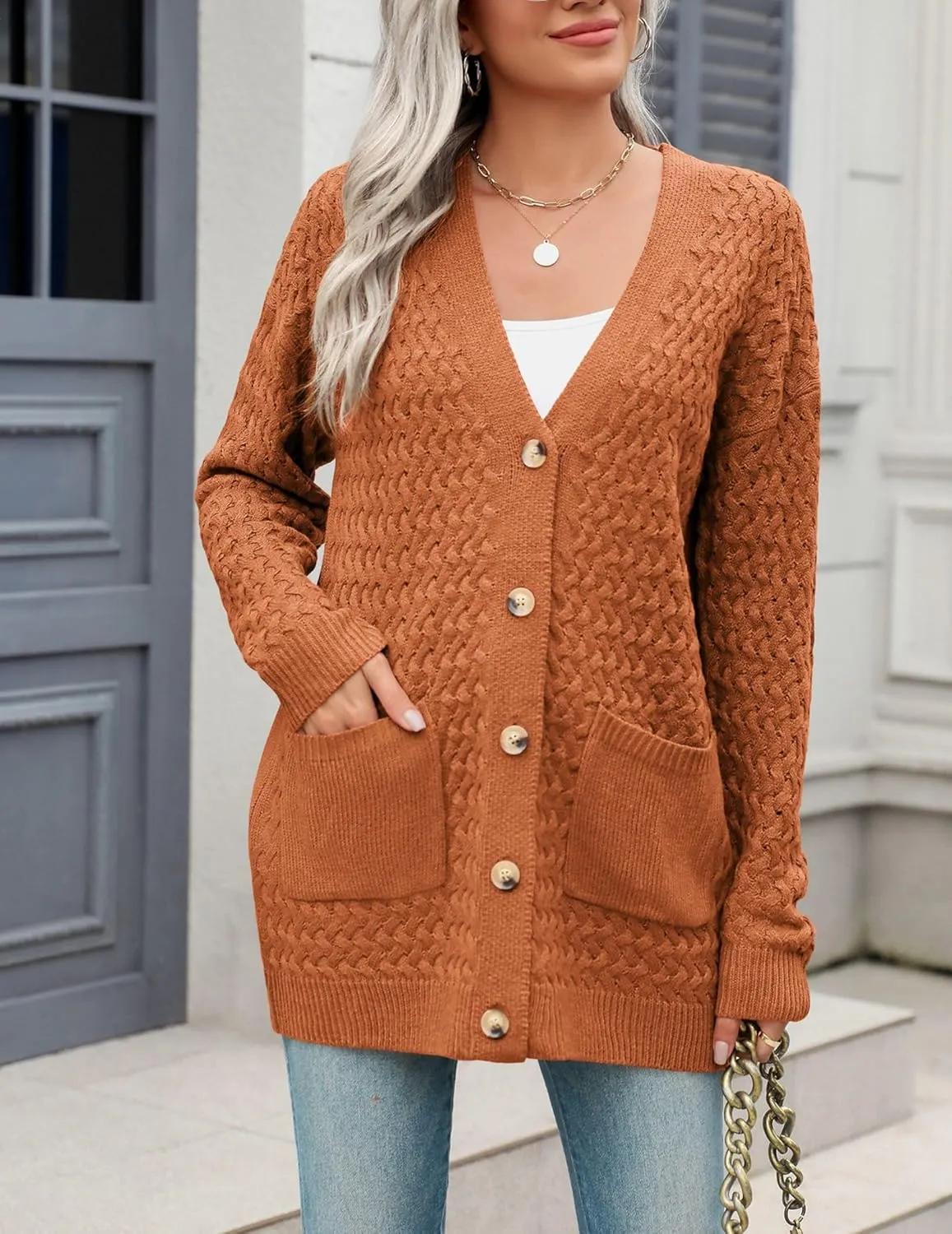 Zeagoo Womens 2025 Long Sleeve Chunky Cable Knit Fall Cardigans Sweaters Button Down Open Front Outerwear with Pockets