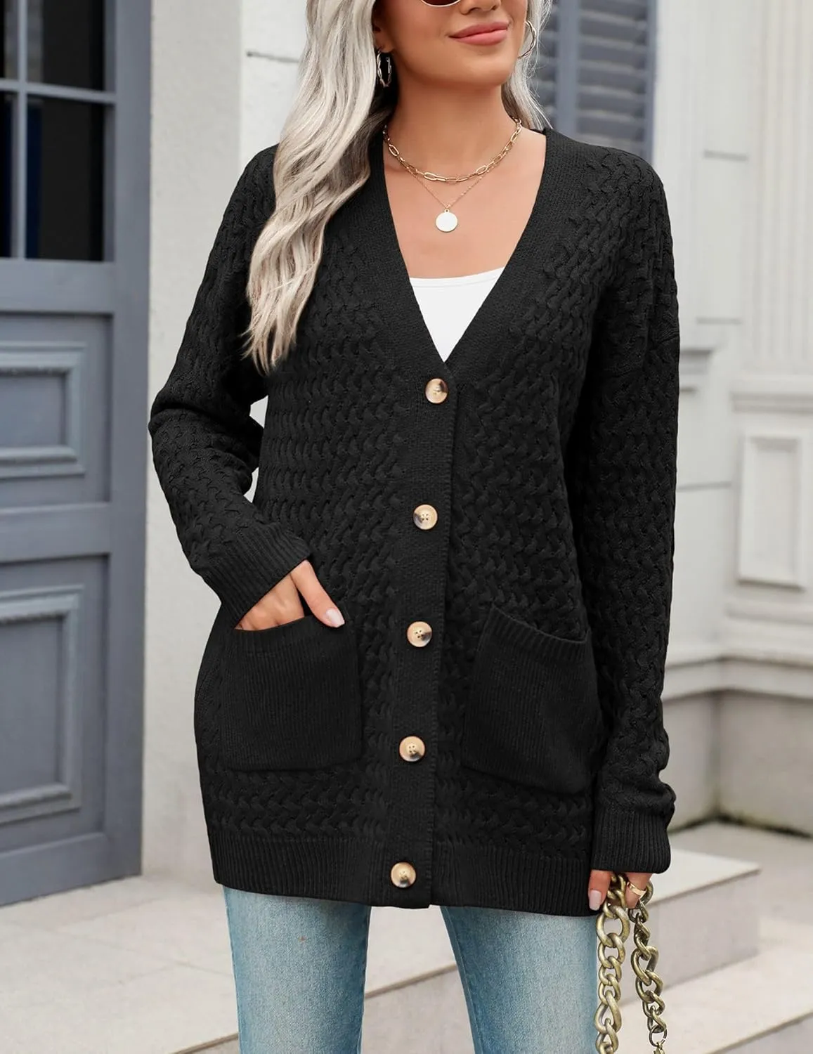 Zeagoo Womens 2025 Long Sleeve Chunky Cable Knit Fall Cardigans Sweaters Button Down Open Front Outerwear with Pockets