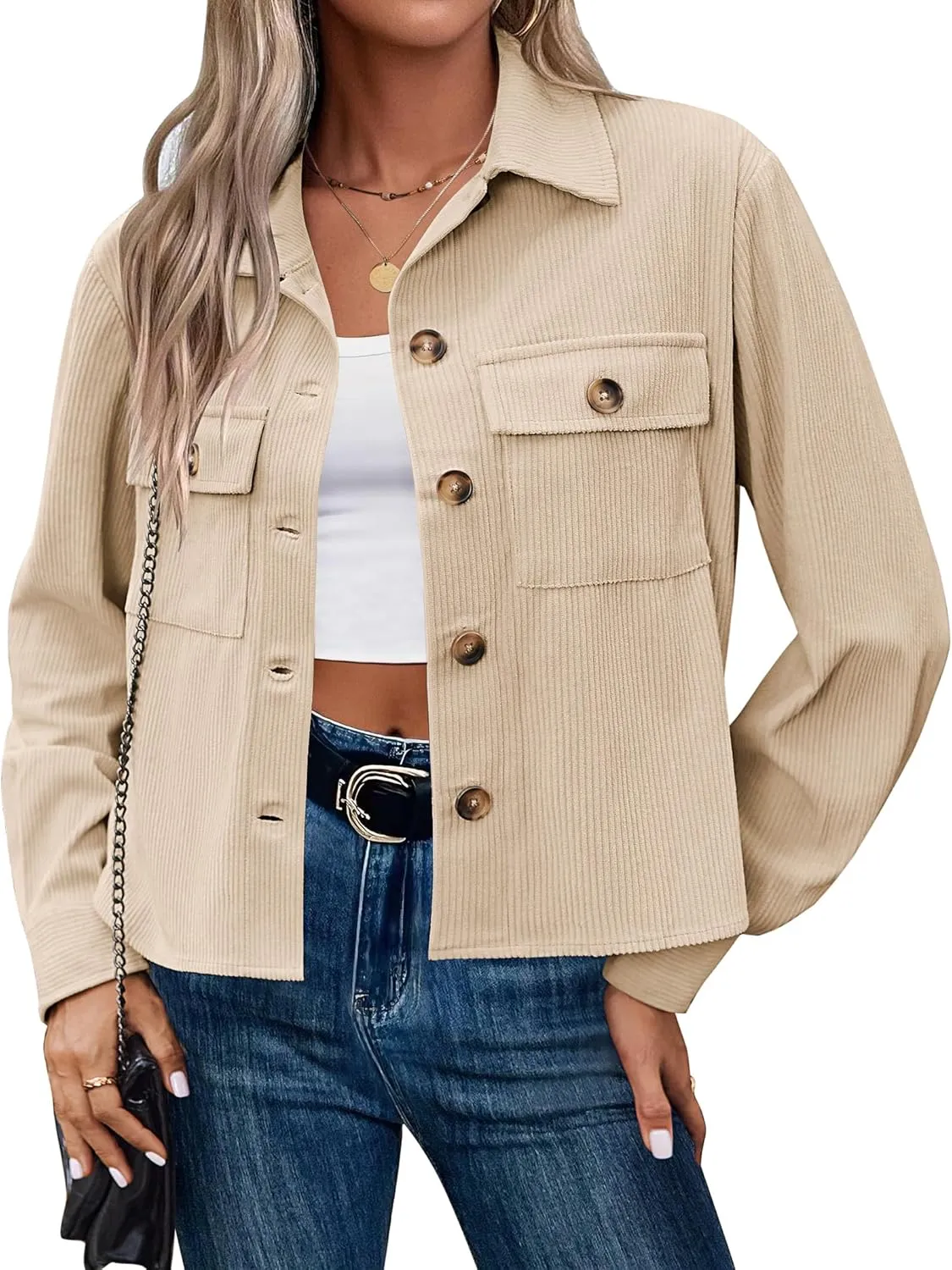 Zeagoo Womens Fashion Cropped Shackets Corduroy Button Down Crop Jackets Tops Long Sleeve Shirts Trendy 2025