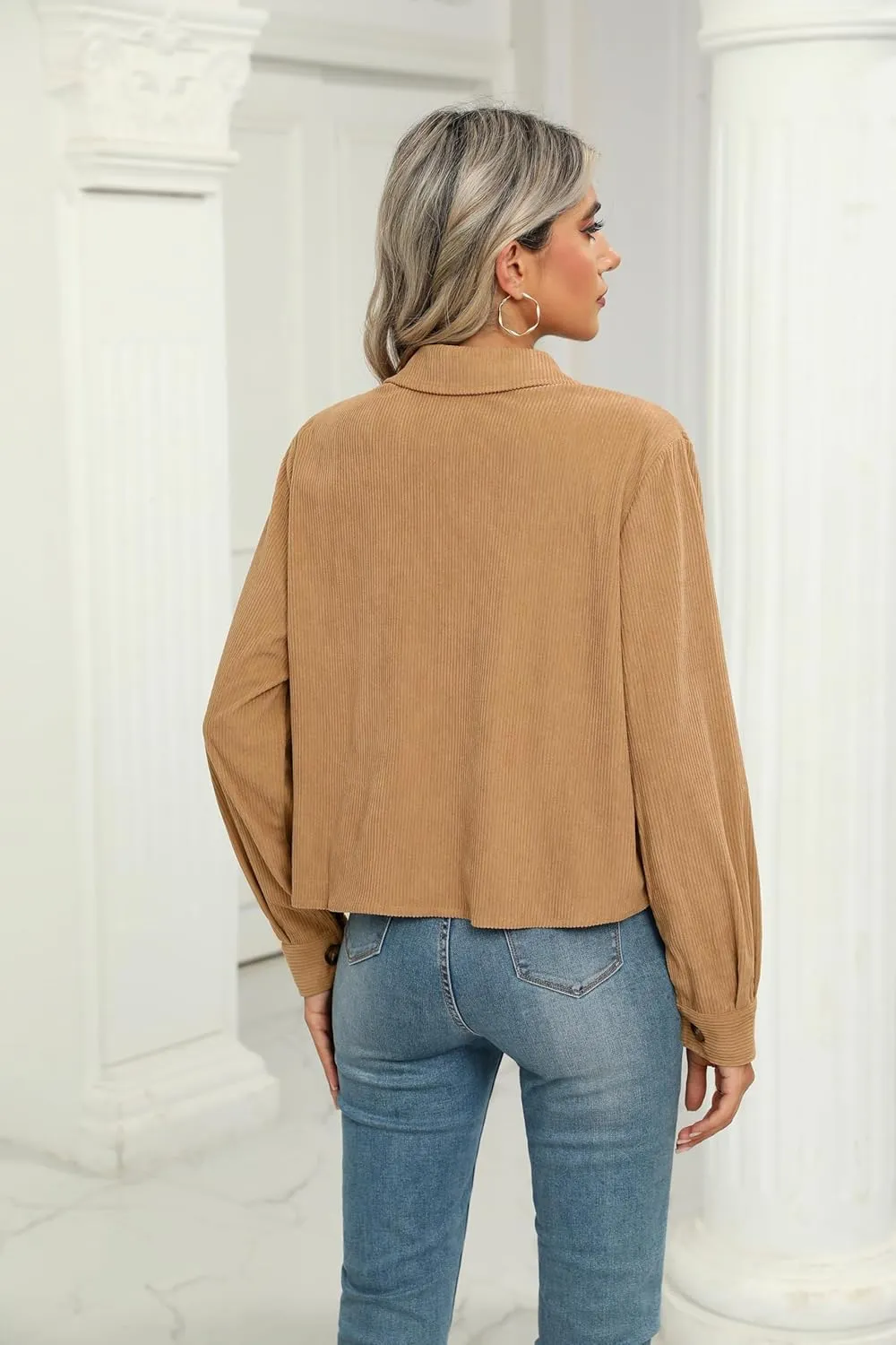 Zeagoo Womens Fashion Cropped Shackets Corduroy Button Down Crop Jackets Tops Long Sleeve Shirts Trendy 2025