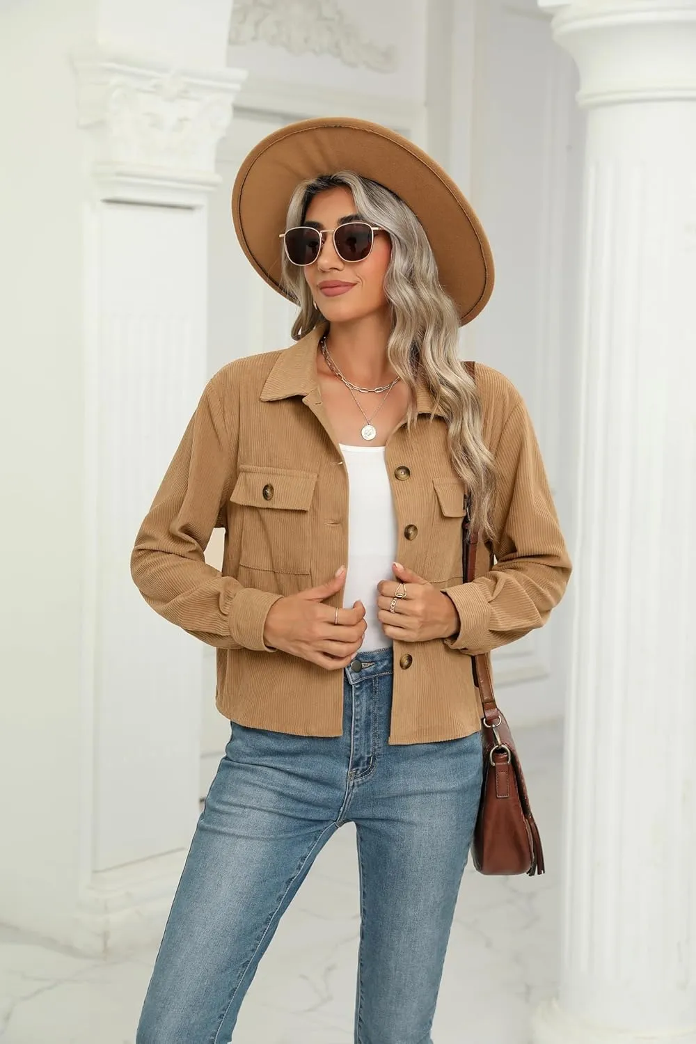 Zeagoo Womens Fashion Cropped Shackets Corduroy Button Down Crop Jackets Tops Long Sleeve Shirts Trendy 2025