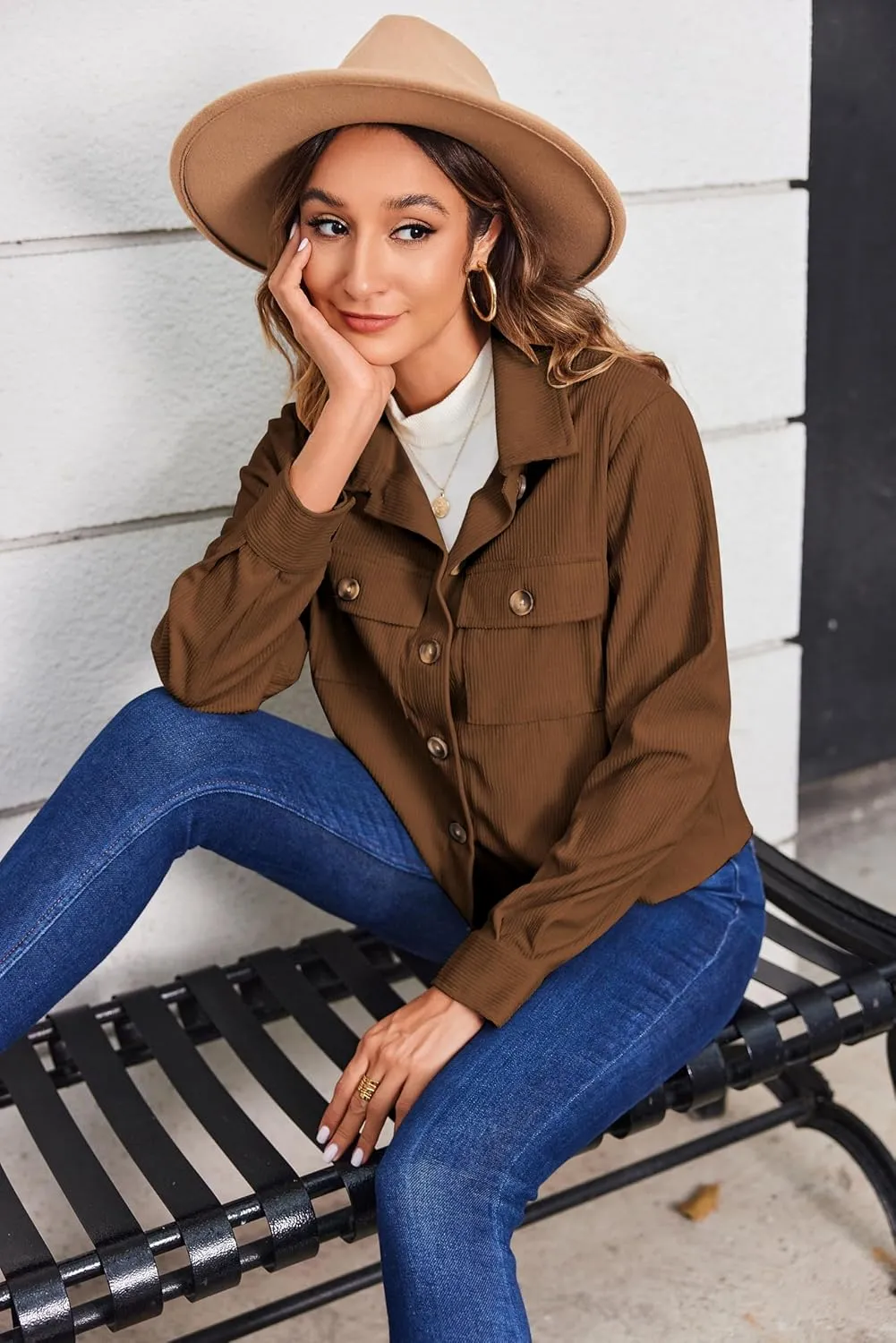 Zeagoo Womens Fashion Cropped Shackets Corduroy Button Down Crop Jackets Tops Long Sleeve Shirts Trendy 2025