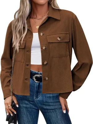 Zeagoo Womens Fashion Cropped Shackets Corduroy Button Down Crop Jackets Tops Long Sleeve Shirts Trendy 2025