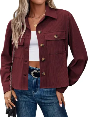 Zeagoo Womens Fashion Cropped Shackets Corduroy Button Down Crop Jackets Tops Long Sleeve Shirts Trendy 2025