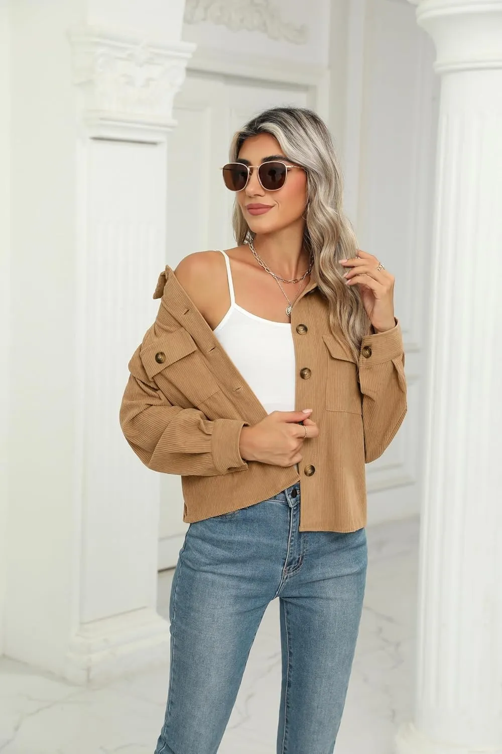 Zeagoo Womens Fashion Cropped Shackets Corduroy Button Down Crop Jackets Tops Long Sleeve Shirts Trendy 2025