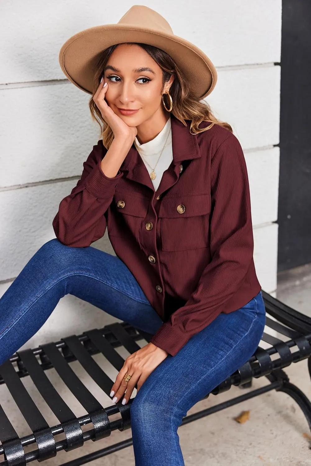 Zeagoo Womens Fashion Cropped Shackets Corduroy Button Down Crop Jackets Tops Long Sleeve Shirts Trendy 2025