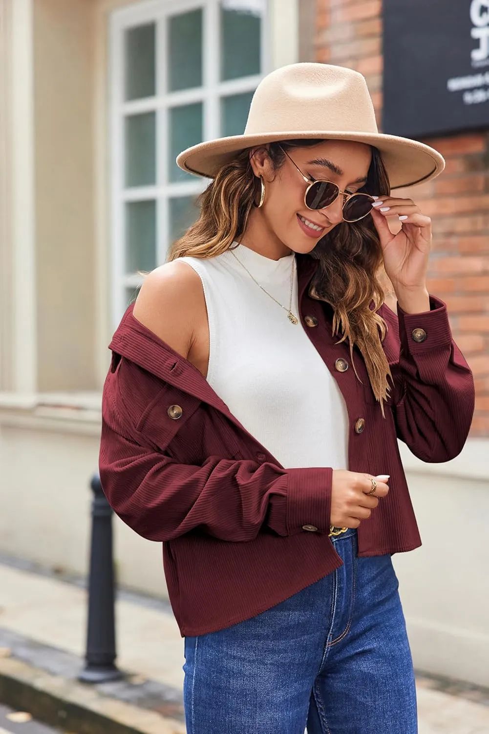 Zeagoo Womens Fashion Cropped Shackets Corduroy Button Down Crop Jackets Tops Long Sleeve Shirts Trendy 2025