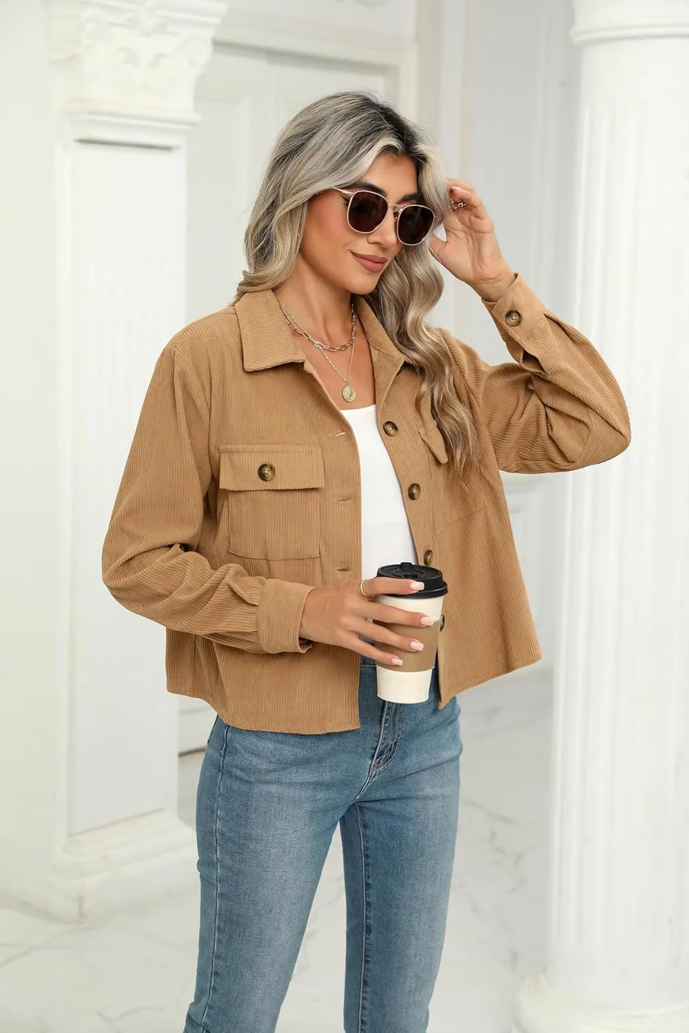 Zeagoo Womens Fashion Cropped Shackets Corduroy Button Down Crop Jackets Tops Long Sleeve Shirts Trendy 2025