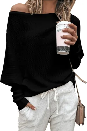 Zenlonr Women's Fall Sweaters 2025 Casual Long Batwing Sleeve Loose Off Shoulder Knit Pullovers Jumper Tops