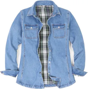 ZENTHACE Women's Flannel Lined Washed Denim Work Play Shirt Jacket,Fall Winter Light-Med Jean Shacket