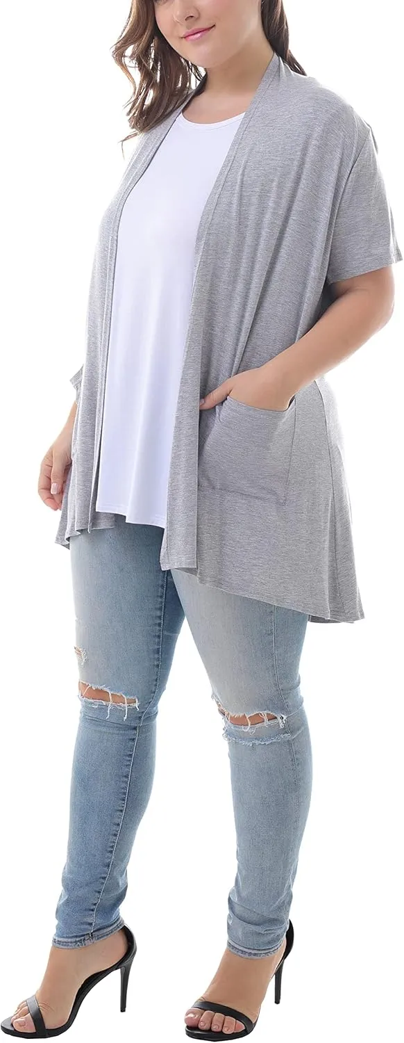 ZERDOCEAN Women's Plus Size Short Sleeve Lightweight Soft Printed Drape Cardigan with Pockets