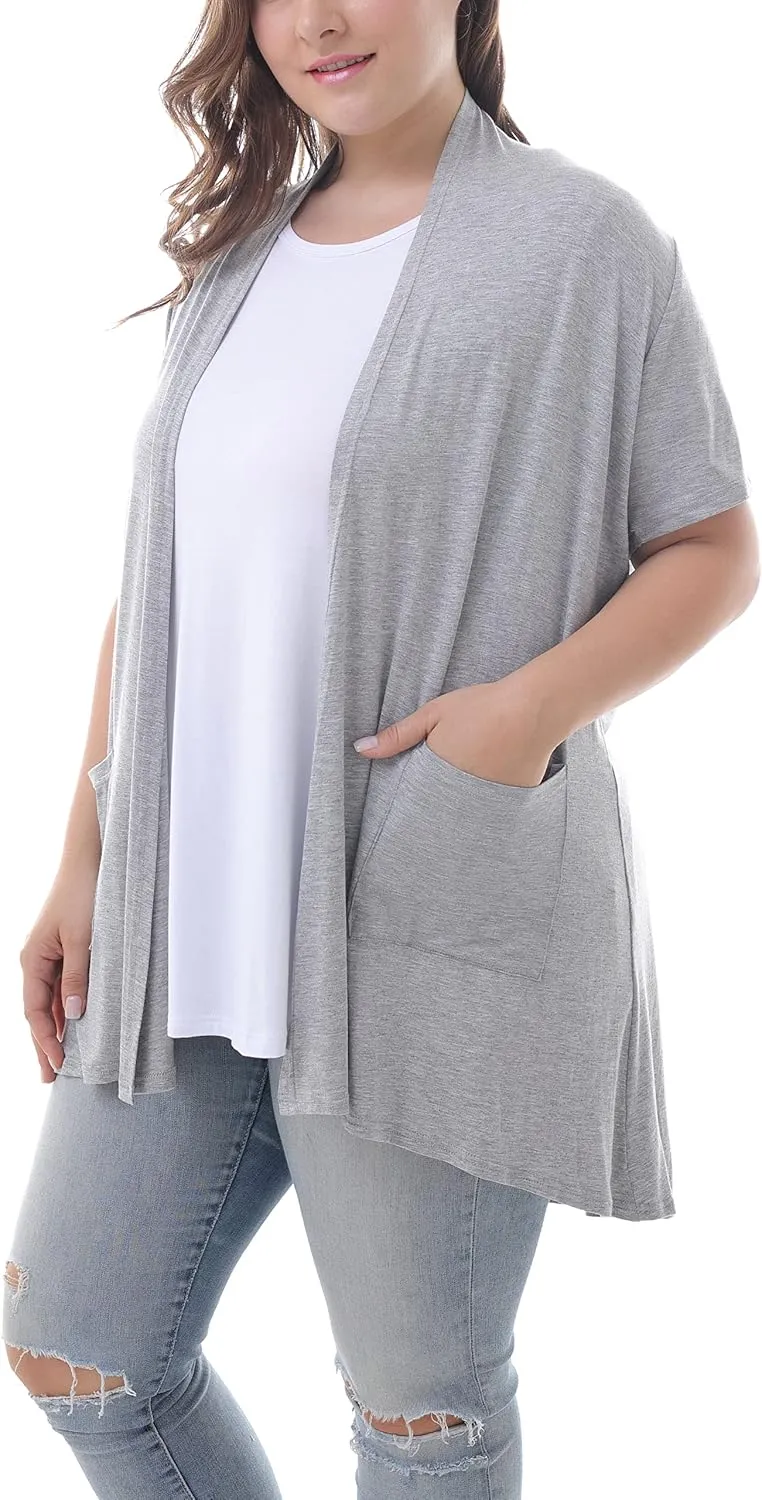 ZERDOCEAN Women's Plus Size Short Sleeve Lightweight Soft Printed Drape Cardigan with Pockets
