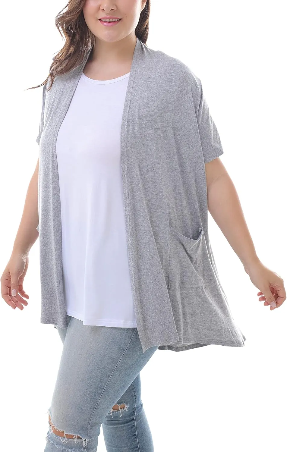 ZERDOCEAN Women's Plus Size Short Sleeve Lightweight Soft Printed Drape Cardigan with Pockets