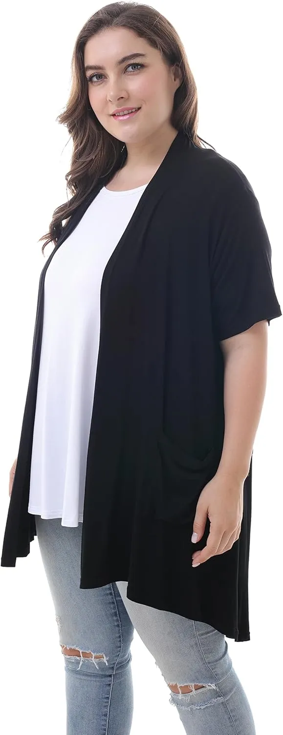ZERDOCEAN Women's Plus Size Short Sleeve Lightweight Soft Printed Drape Cardigan with Pockets