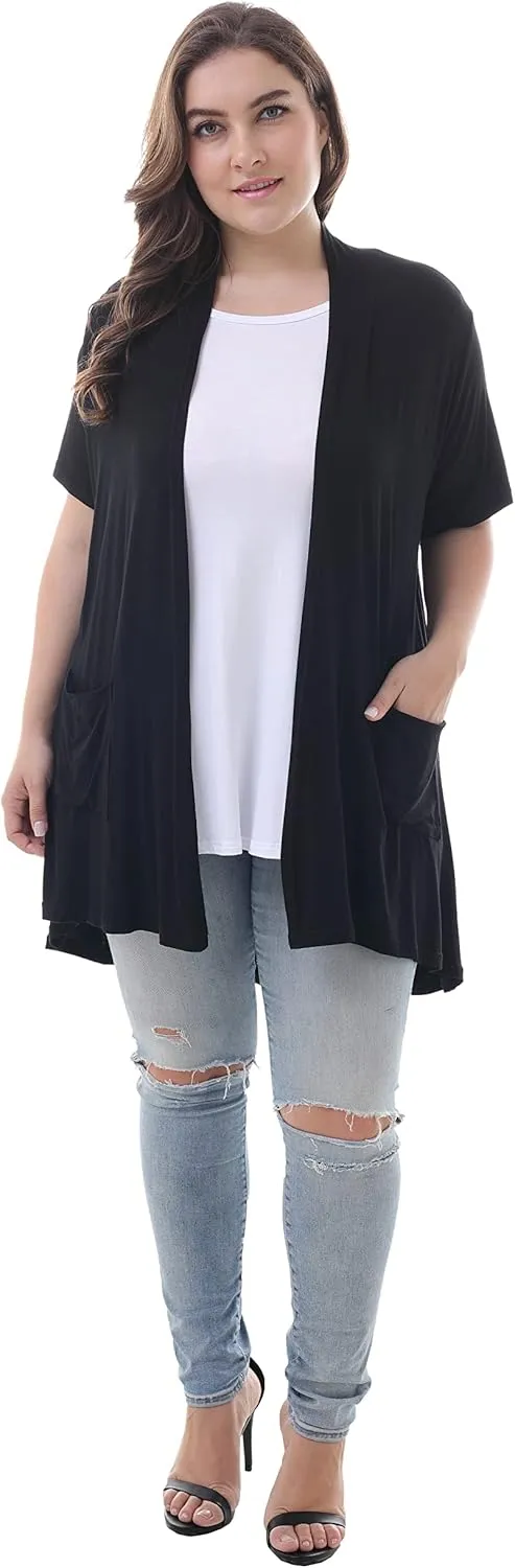 ZERDOCEAN Women's Plus Size Short Sleeve Lightweight Soft Printed Drape Cardigan with Pockets