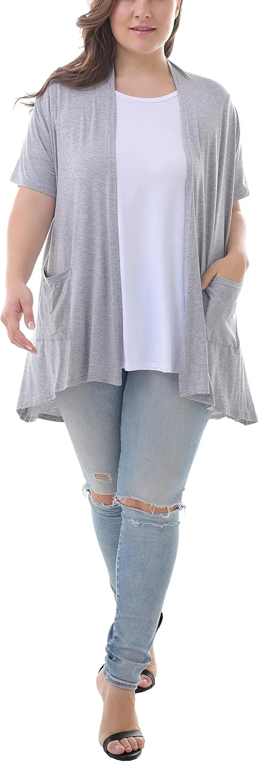 ZERDOCEAN Women's Plus Size Short Sleeve Lightweight Soft Printed Drape Cardigan with Pockets