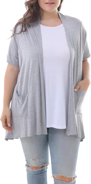 ZERDOCEAN Women's Plus Size Short Sleeve Lightweight Soft Printed Drape Cardigan with Pockets